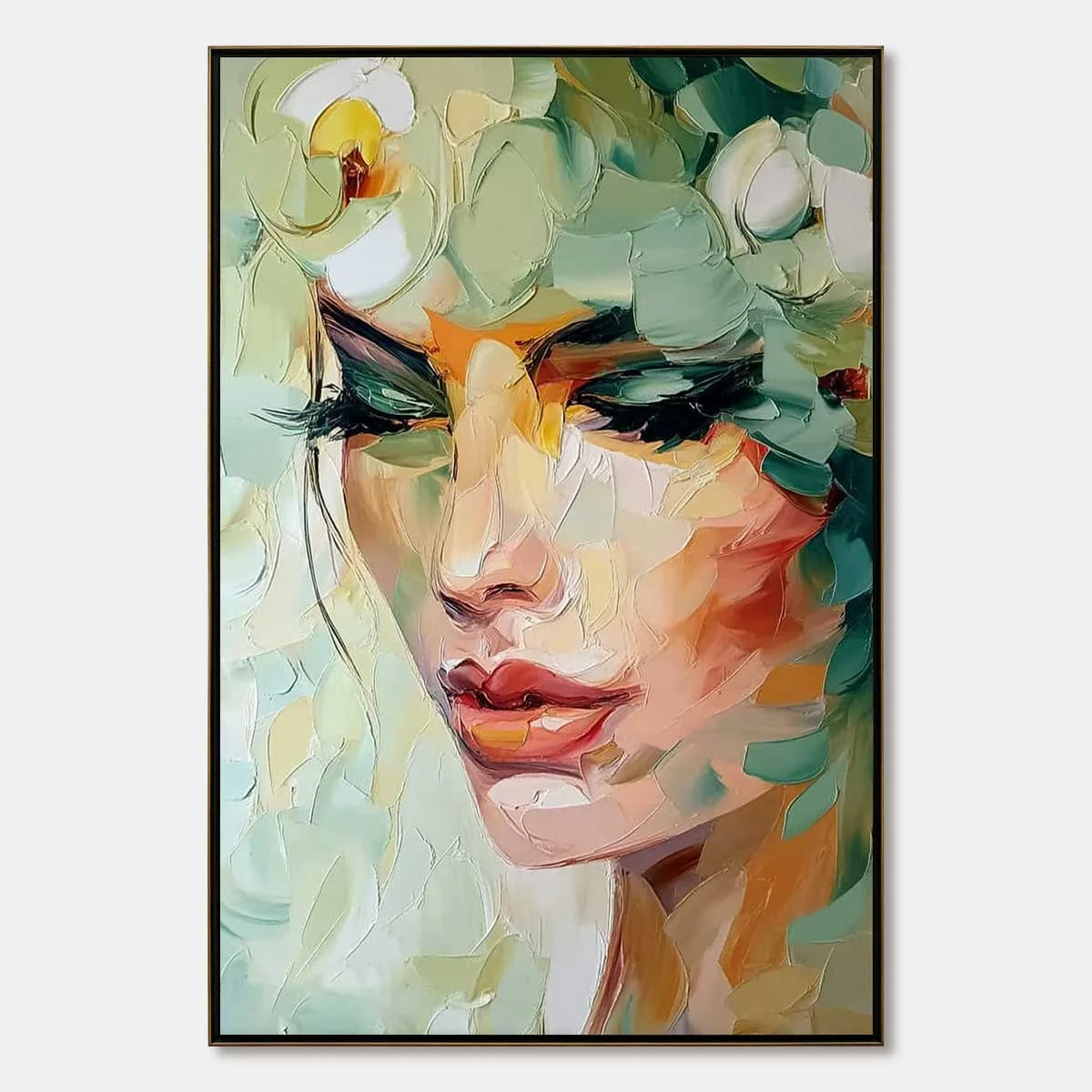 VERDANT REVERIE: Textured Palette Knife Portrait Oil Painting | hanging in living room, Abstract wall art