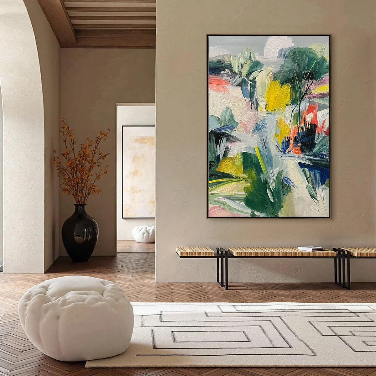 VERDANT RHYTHM: Vibrant Abstract Landscape Oil Painting with Textured Brushstrokes | black frame version on white wall