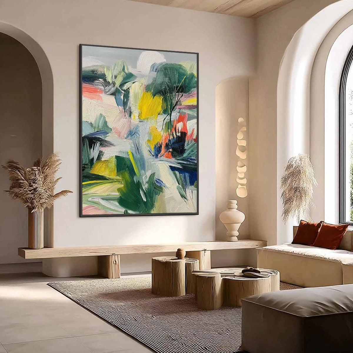 VERDANT RHYTHM: Vibrant Abstract Landscape Oil Painting with Textured Brushstrokes | Abstract mood, soft natural light studio shot