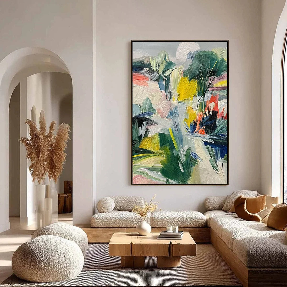VERDANT RHYTHM: Vibrant Abstract Landscape Oil Painting with Textured Brushstrokes | gold frame stretched on neutral wall