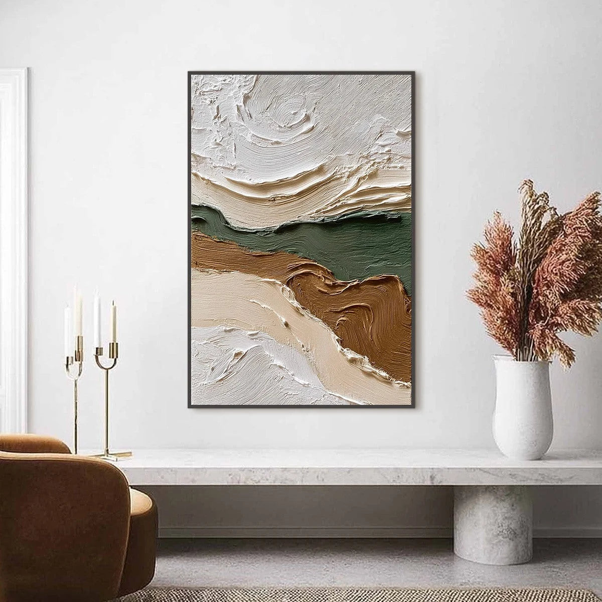 VERDANT RIDGE: Textured Wabi Sabi Abstract Landscape Painting | gold frame stretched on neutral wall