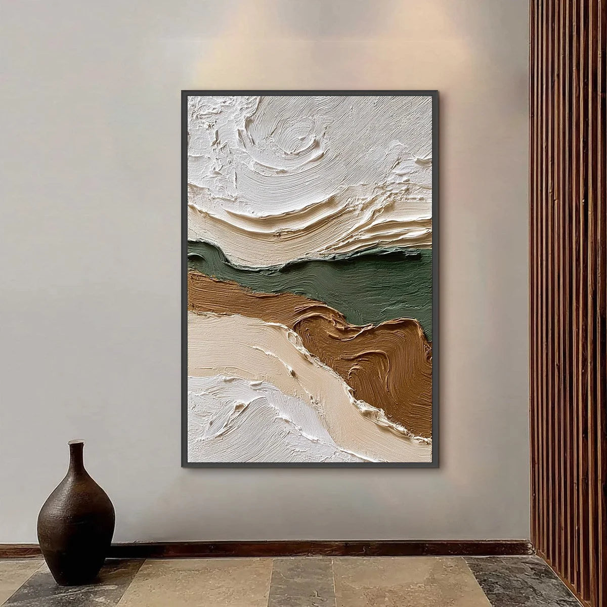 VERDANT RIDGE: Textured Wabi Sabi Abstract Landscape Painting | black frame version on white wall