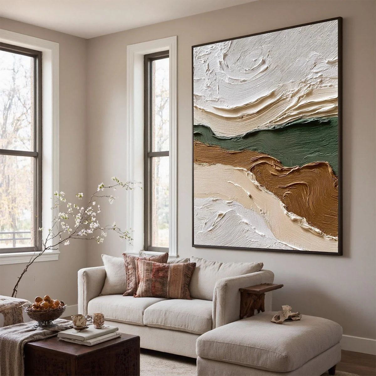 VERDANT RIDGE: Textured Wabi Sabi Abstract Landscape Painting | Abstract mood, soft natural light studio shot