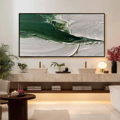 VERDANT RIFT: Heavy Texture Abstract Landscape Oil Painting | gold frame stretched on neutral wall
