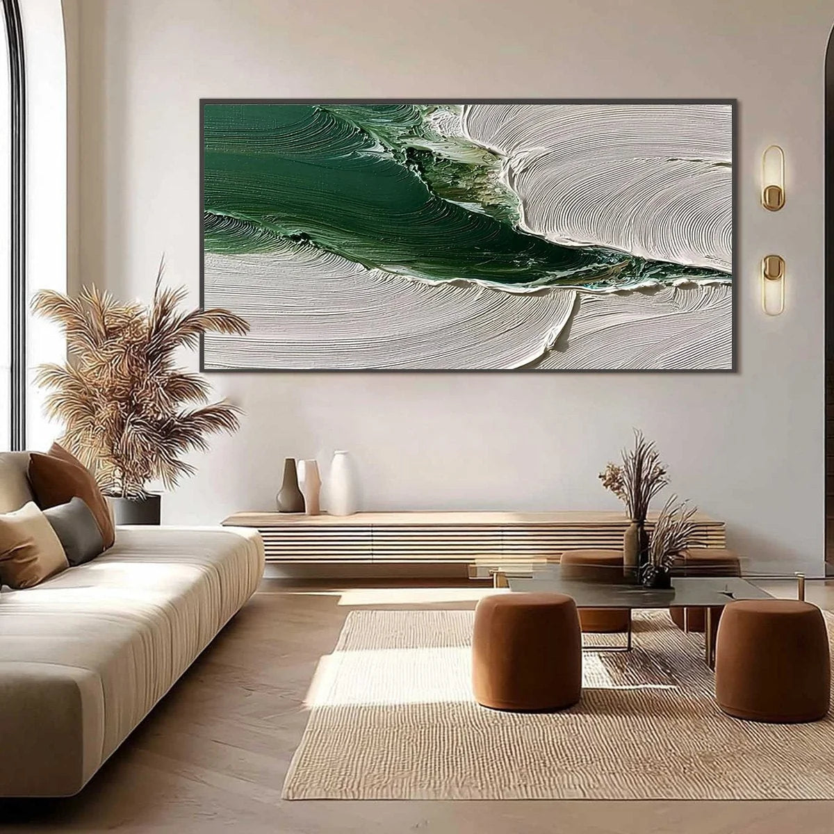 VERDANT RIFT: Heavy Texture Abstract Landscape Oil Painting | black frame version on white wall