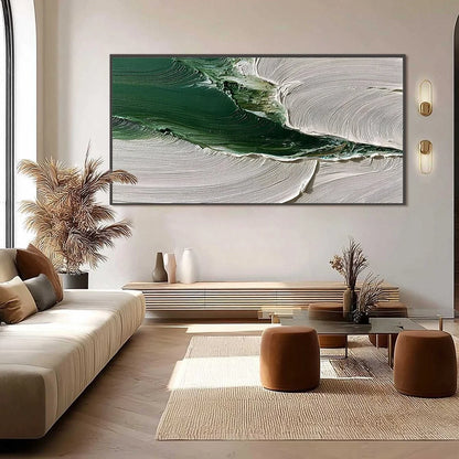 VERDANT RIFT: Heavy Texture Abstract Landscape Oil Painting | black frame version on white wall