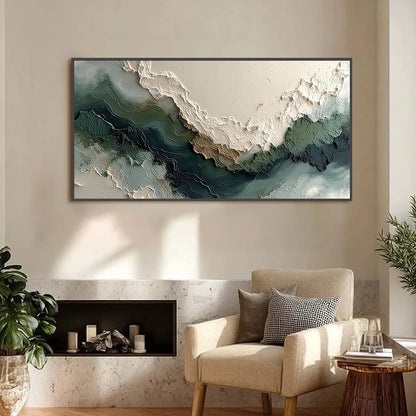 VERDANT RIFT: Textured Wabi Sabi Abstract Landscape Painting | Abstract closeup, raised brushwork detail
