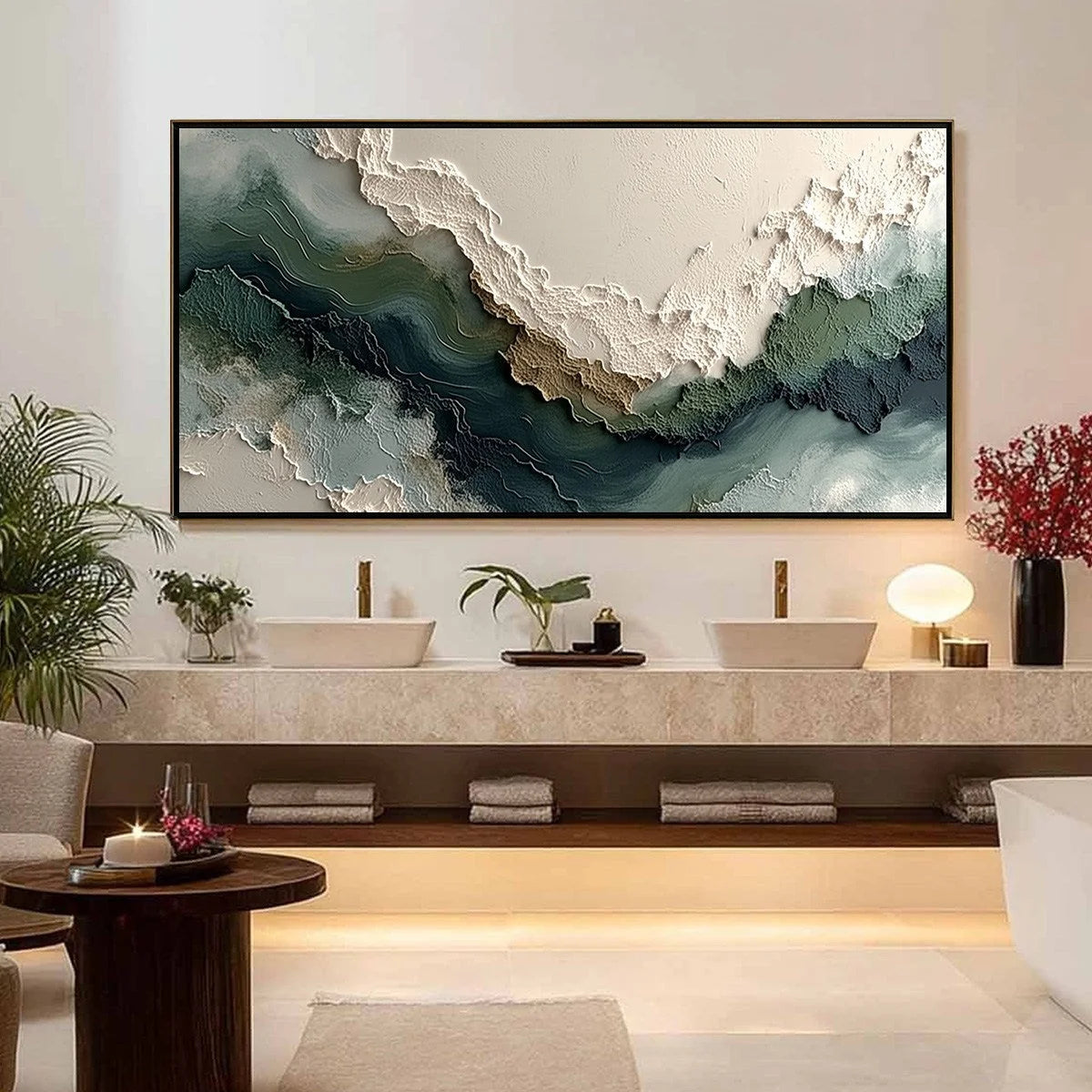 VERDANT RIFT: Textured Wabi Sabi Abstract Landscape Painting | gold frame stretched on neutral wall