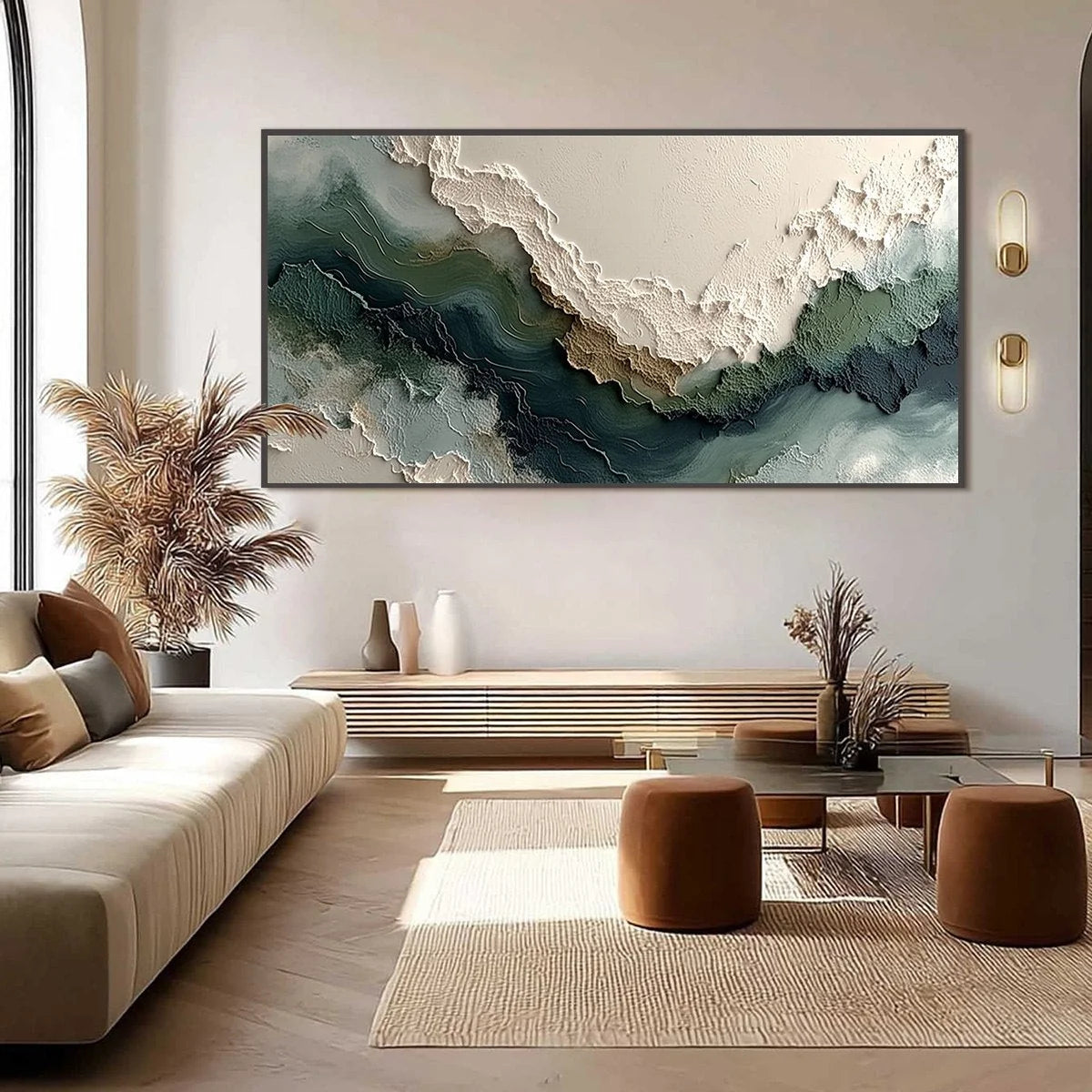 VERDANT RIFT: Textured Wabi Sabi Abstract Landscape Painting | black frame version on white wall