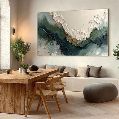 VERDANT RIFT: Textured Wabi Sabi Abstract Landscape Painting | Abstract mood, soft natural light studio shot