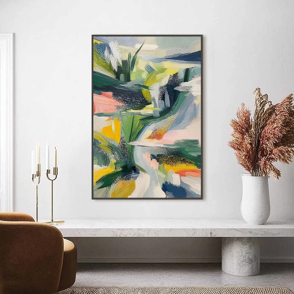 VERDANT RUSH: Vibrant Textured Abstract Landscape Painting | Abstract closeup, raised brushwork detail