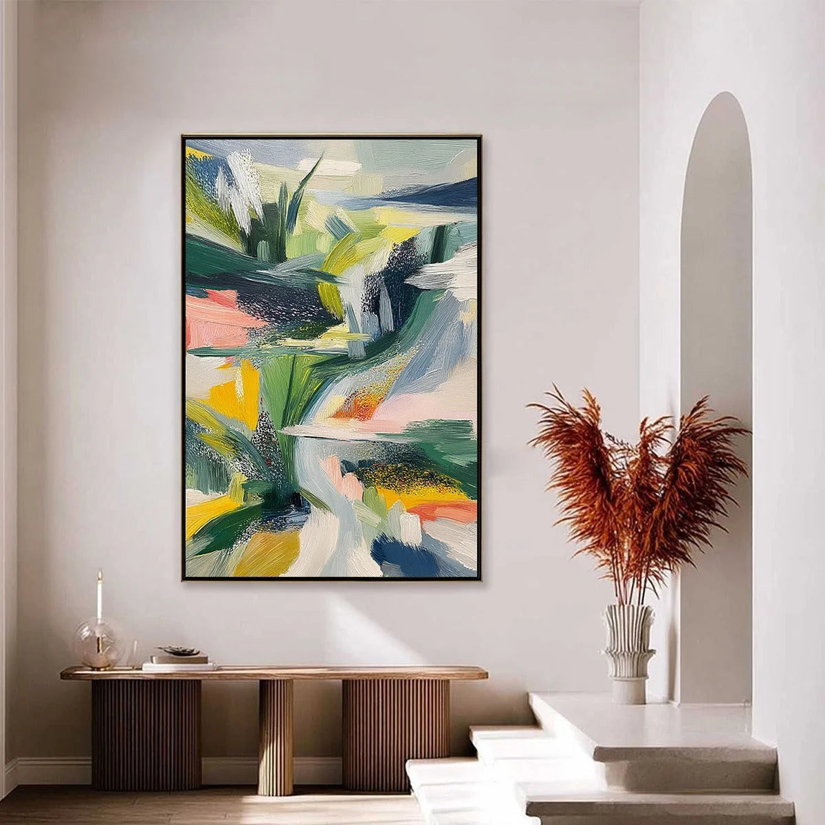 VERDANT RUSH: Vibrant Textured Abstract Landscape Painting | gold frame stretched on neutral wall