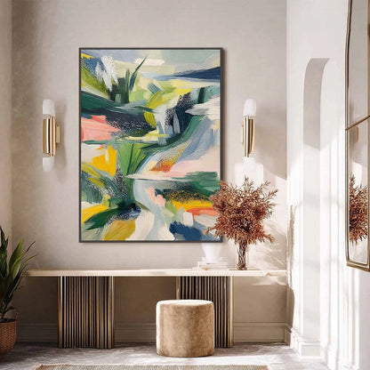 VERDANT RUSH: Vibrant Textured Abstract Landscape Painting | black frame version on white wall