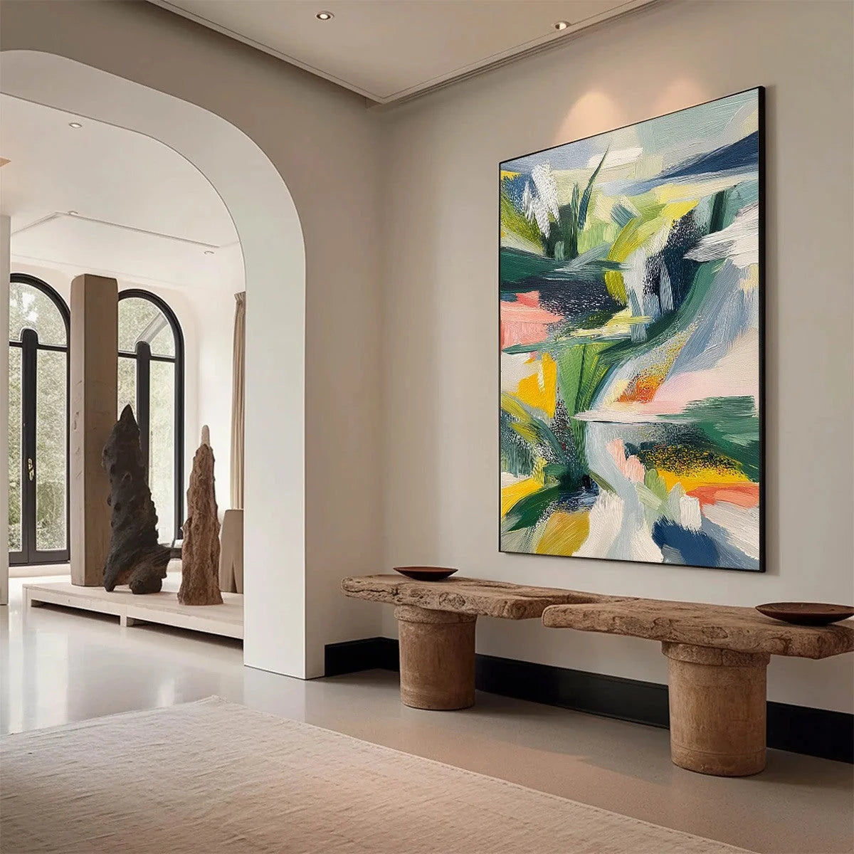 VERDANT RUSH: Vibrant Textured Abstract Landscape Painting | Abstract mood, soft natural light studio shot