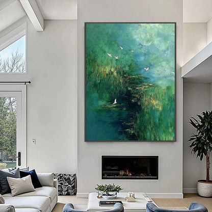 VERDANT SANCTUARY: Abstract Green Forest Landscape with Flying Birds | Figurative closeup, raised brushwork detail