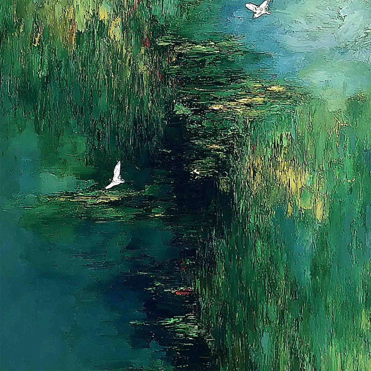 VERDANT SANCTUARY: Abstract Green Forest Landscape with Flying Birds | rectangular format, hand-painted canvas edge