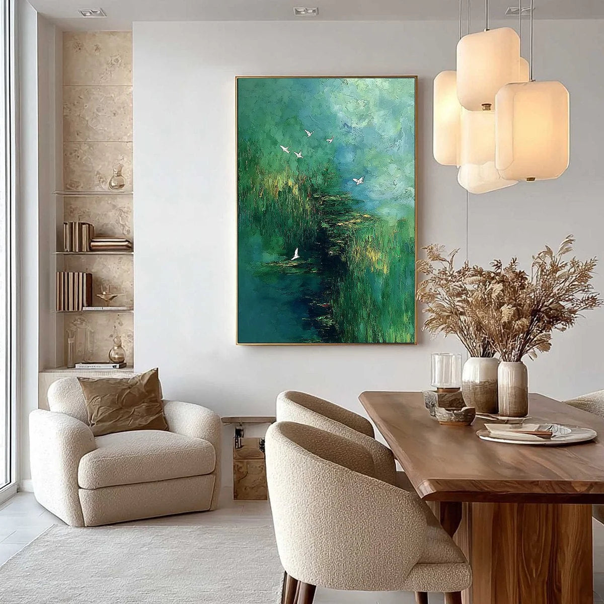 VERDANT SANCTUARY: Abstract Green Forest Landscape with Flying Birds | gold frame stretched on neutral wall
