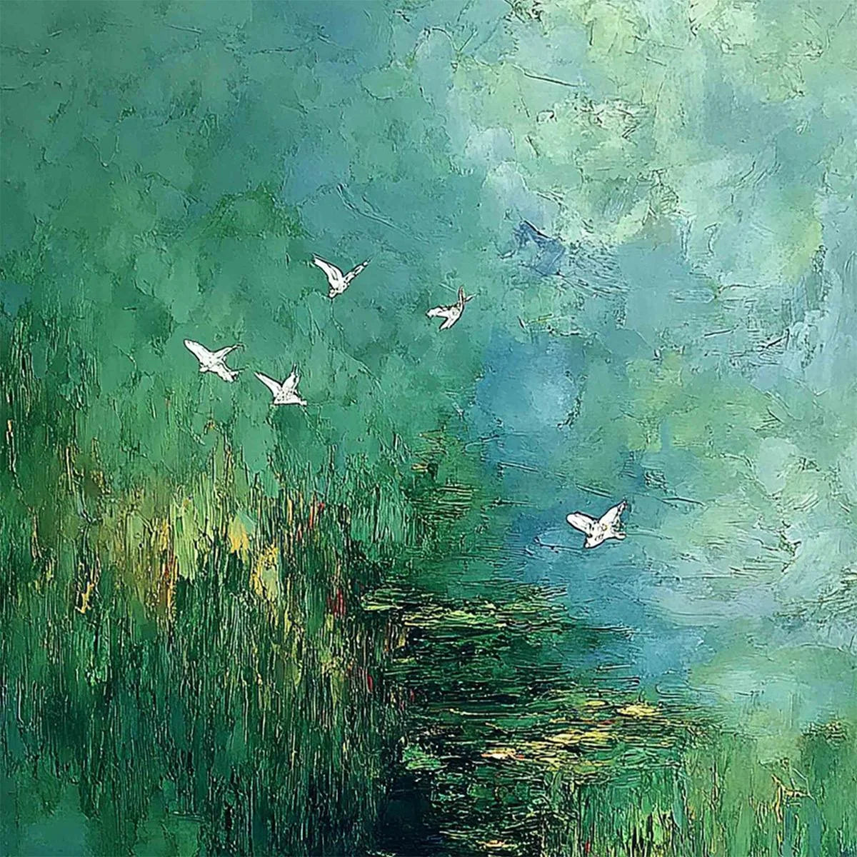VERDANT SANCTUARY: Abstract Green Forest Landscape with Flying Birds | rolled canvas, ready for custom framing