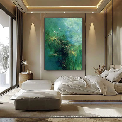 VERDANT SANCTUARY: Abstract Green Forest Landscape with Flying Birds | black frame version on white wall