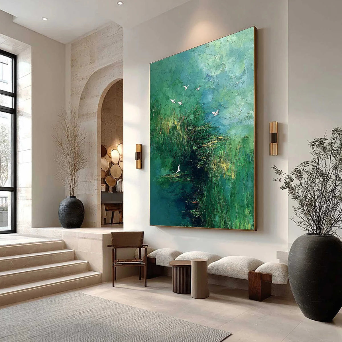 VERDANT SANCTUARY: Abstract Green Forest Landscape with Flying Birds | Figurative mood, soft natural light studio shot
