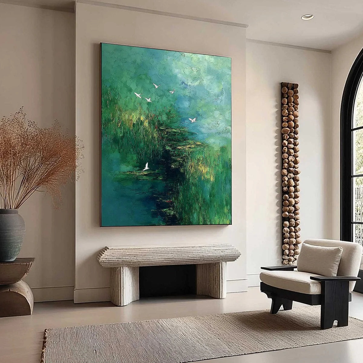 VERDANT SANCTUARY: Abstract Green Forest Landscape with Flying Birds | green palette, original oil on stretched canvas art