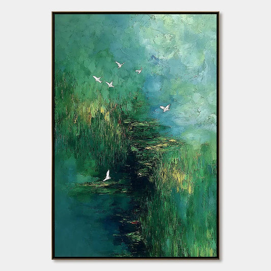 VERDANT SANCTUARY: Abstract Green Forest Landscape with Flying Birds | hanging in living room, Figurative wall art