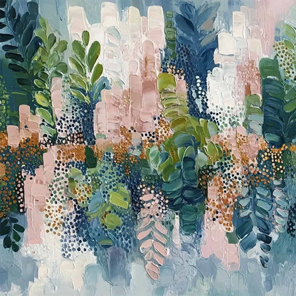 VERDANT SANCTUARY: Colorful Abstract Botanical Textured Painting | rectangular format, hand-painted canvas edge