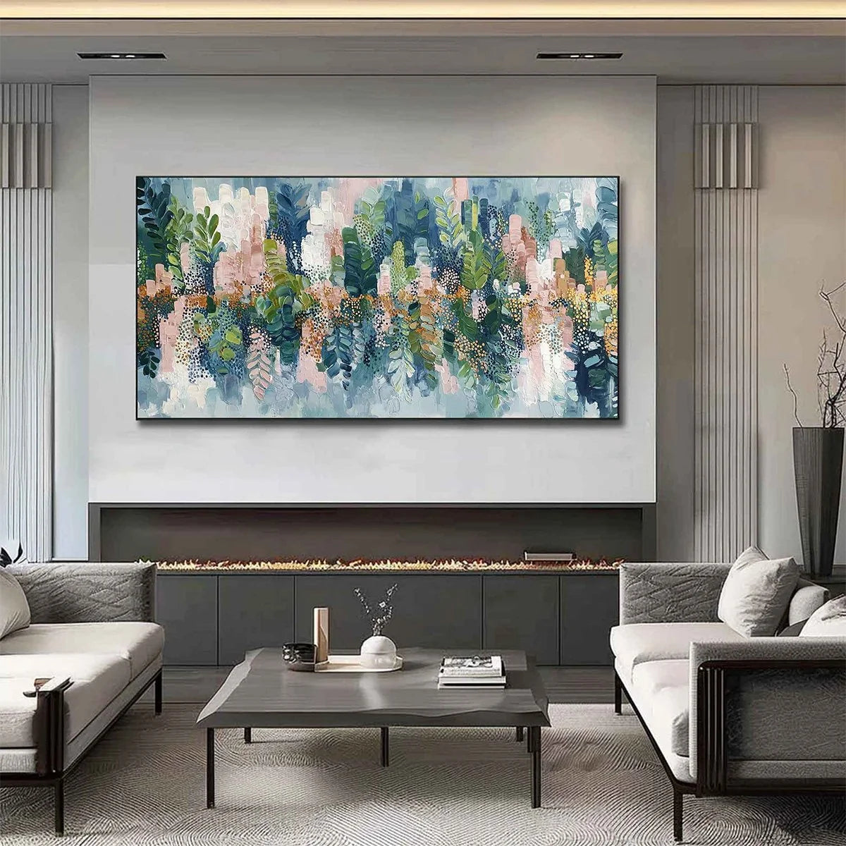 VERDANT SANCTUARY: Colorful Abstract Botanical Textured Painting | gold frame stretched on neutral wall