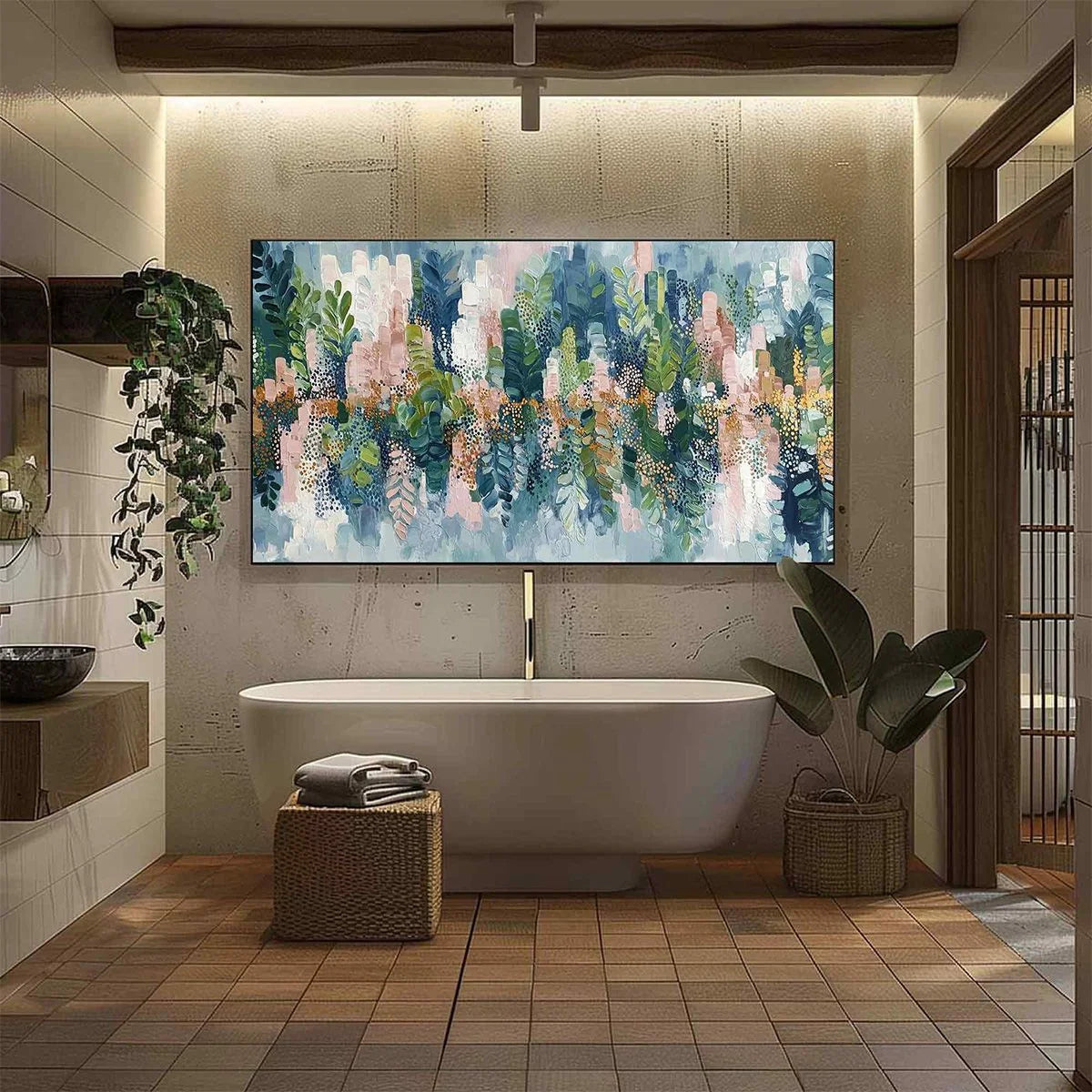 VERDANT SANCTUARY: Colorful Abstract Botanical Textured Painting | black frame version on white wall