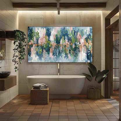 VERDANT SANCTUARY: Colorful Abstract Botanical Textured Painting | black frame version on white wall
