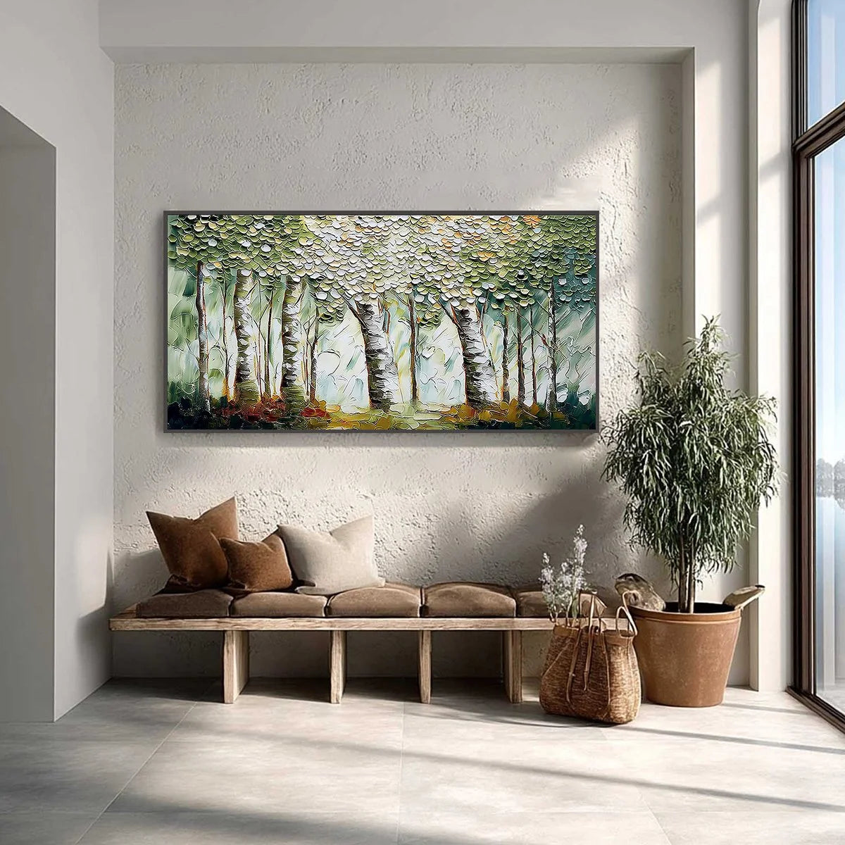 VERDANT SANCTUARY: Textured Impasto Birch Tree Forest Wall Art | Figurative closeup, raised brushwork detail