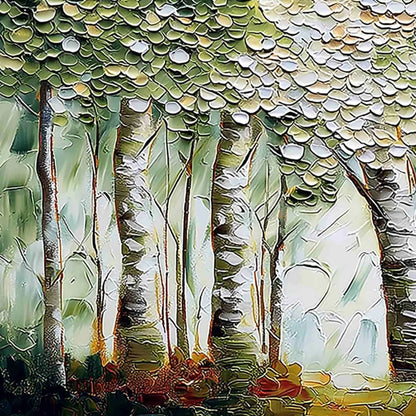 VERDANT SANCTUARY: Textured Impasto Birch Tree Forest Wall Art | rectangular format, hand-painted canvas edge