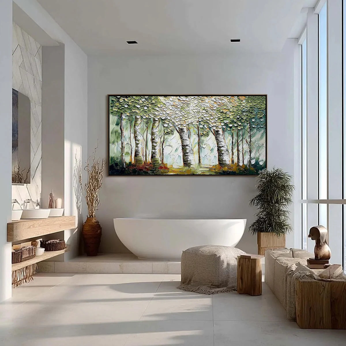 VERDANT SANCTUARY: Textured Impasto Birch Tree Forest Wall Art | gold frame stretched on neutral wall