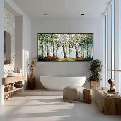 VERDANT SANCTUARY: Textured Impasto Birch Tree Forest Wall Art | gold frame stretched on neutral wall