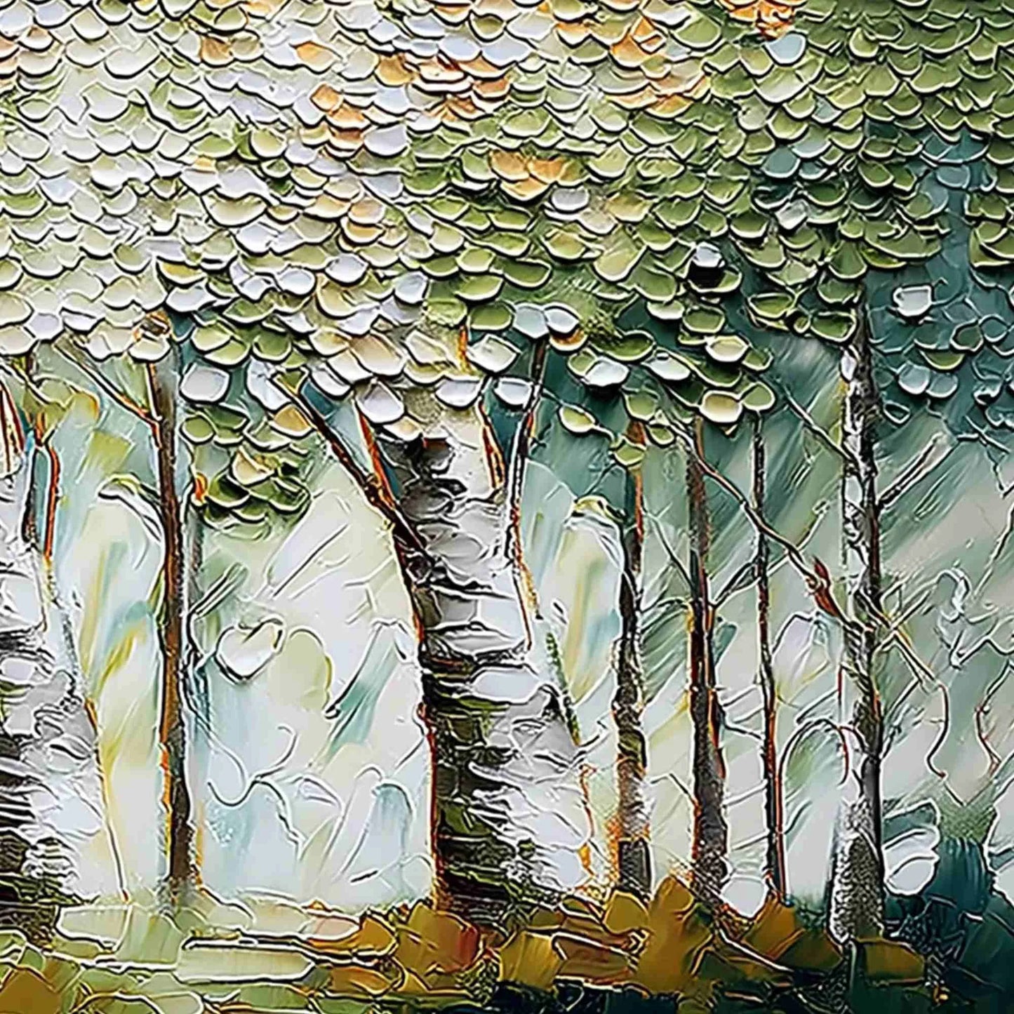 VERDANT SANCTUARY: Textured Impasto Birch Tree Forest Wall Art | rolled canvas, ready for custom framing