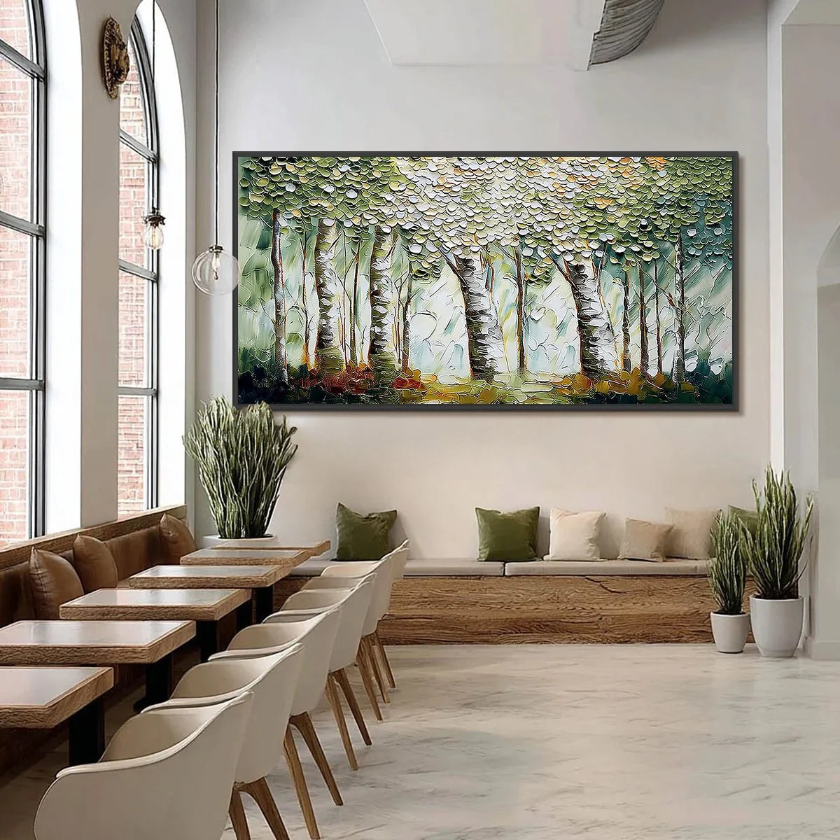 VERDANT SANCTUARY: Textured Impasto Birch Tree Forest Wall Art | black frame version on white wall