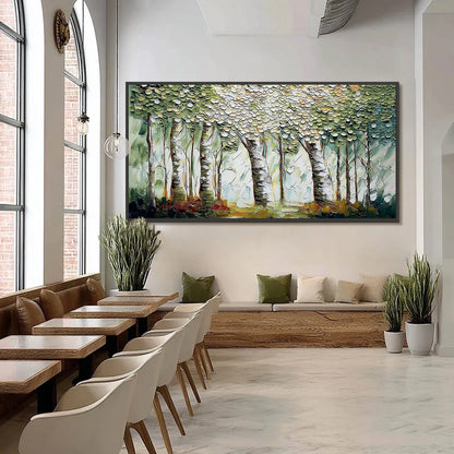 VERDANT SANCTUARY: Textured Impasto Birch Tree Forest Wall Art | black frame version on white wall