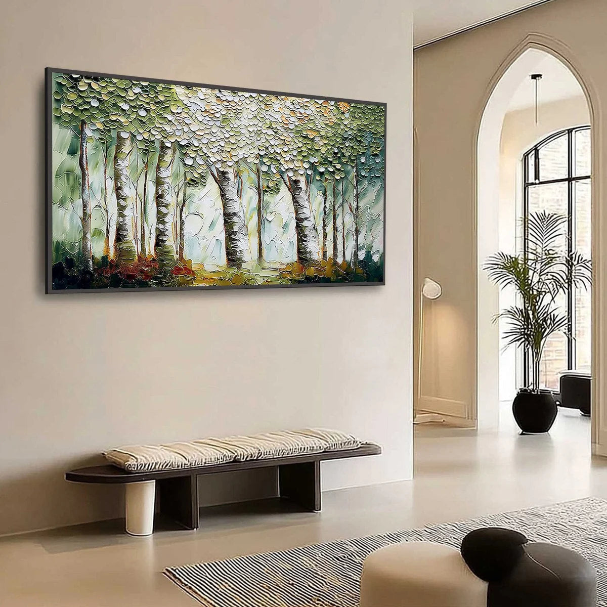 VERDANT SANCTUARY: Textured Impasto Birch Tree Forest Wall Art | Figurative mood, soft natural light studio shot