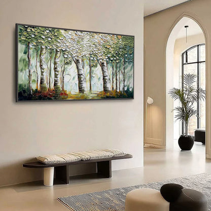 VERDANT SANCTUARY: Textured Impasto Birch Tree Forest Wall Art | Figurative mood, soft natural light studio shot