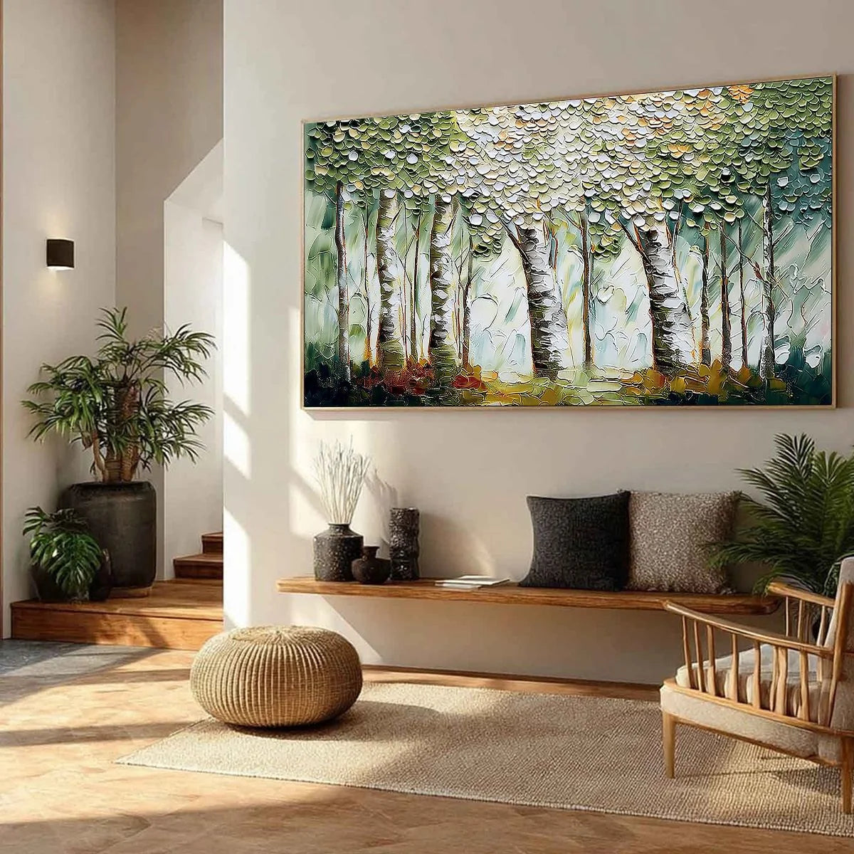 VERDANT SANCTUARY: Textured Impasto Birch Tree Forest Wall Art | green palette, original oil on stretched canvas art