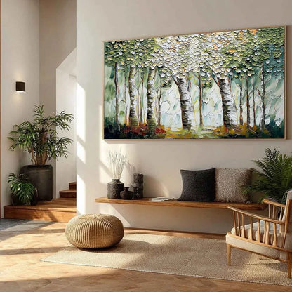 VERDANT SANCTUARY: Textured Impasto Birch Tree Forest Wall Art | green palette, original oil on stretched canvas art