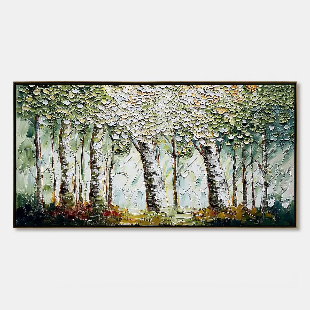 VERDANT SANCTUARY: Textured Impasto Birch Tree Forest Wall Art | hanging in living room, Figurative wall art