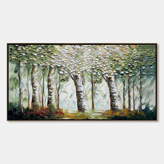 VERDANT SANCTUARY: Textured Impasto Birch Tree Forest Wall Art | hanging in living room, Figurative wall art