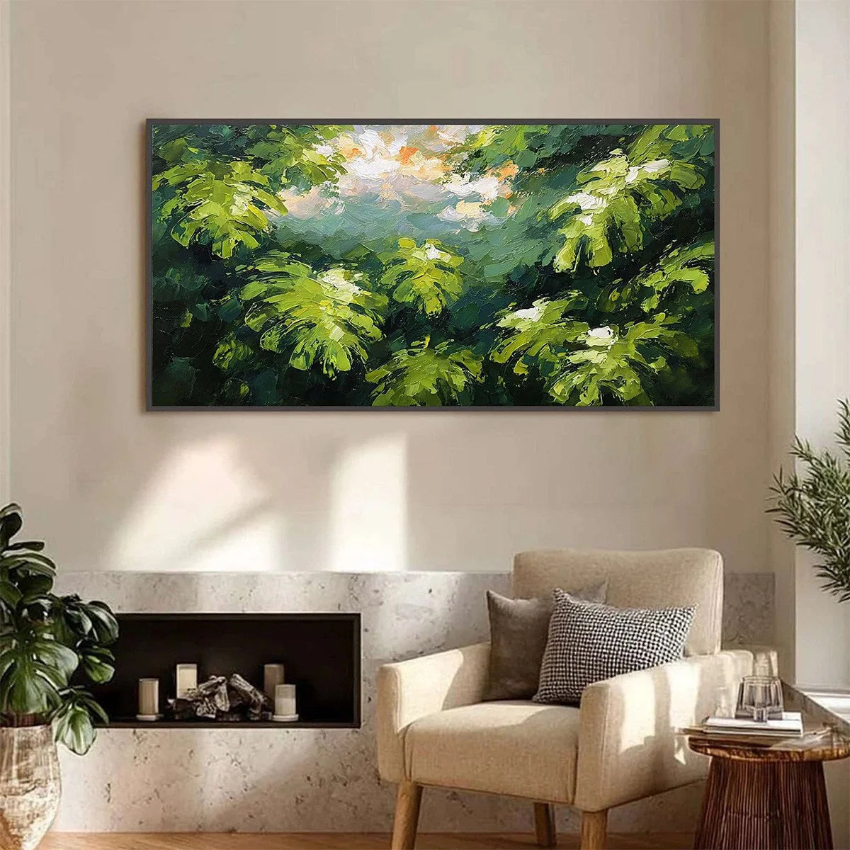 VERDANT SANCTUARY: Textured Impasto Painting of Sun-Kissed Jungle Leaves | Abstract closeup, raised brushwork detail