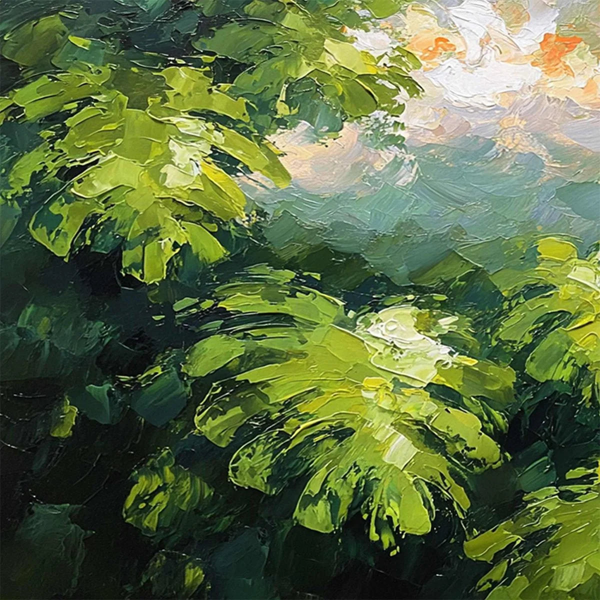 VERDANT SANCTUARY: Textured Impasto Painting of Sun-Kissed Jungle Leaves | rectangular format, hand-painted canvas edge