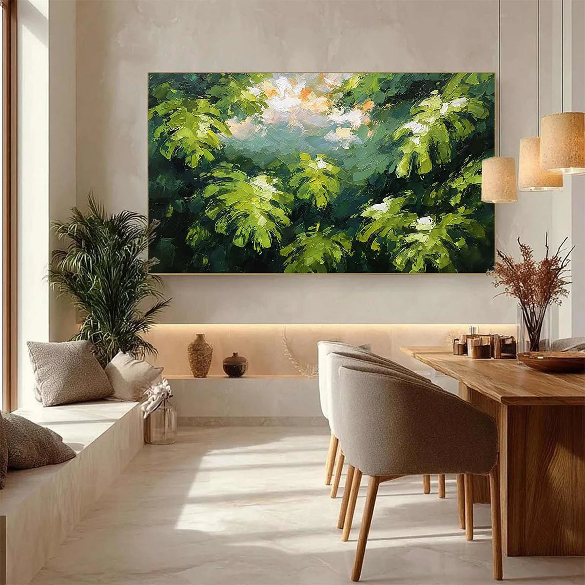 VERDANT SANCTUARY: Textured Impasto Painting of Sun-Kissed Jungle Leaves | gold frame stretched on neutral wall