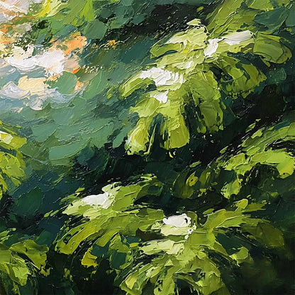 VERDANT SANCTUARY: Textured Impasto Painting of Sun-Kissed Jungle Leaves | rolled canvas, ready for custom framing