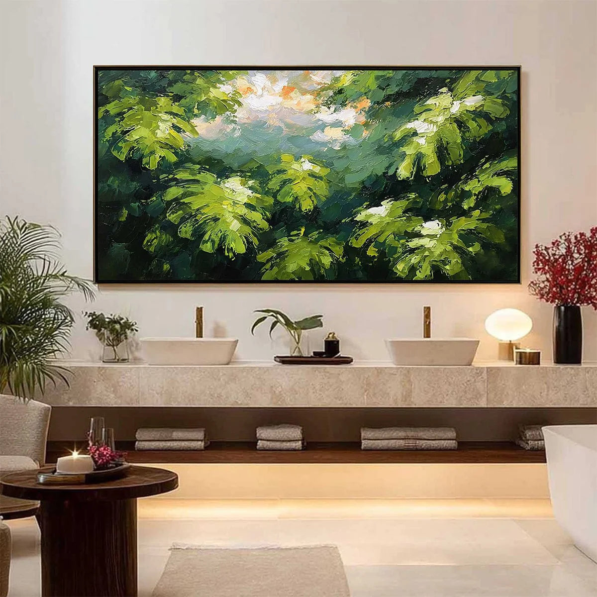 VERDANT SANCTUARY: Textured Impasto Painting of Sun-Kissed Jungle Leaves | black frame version on white wall