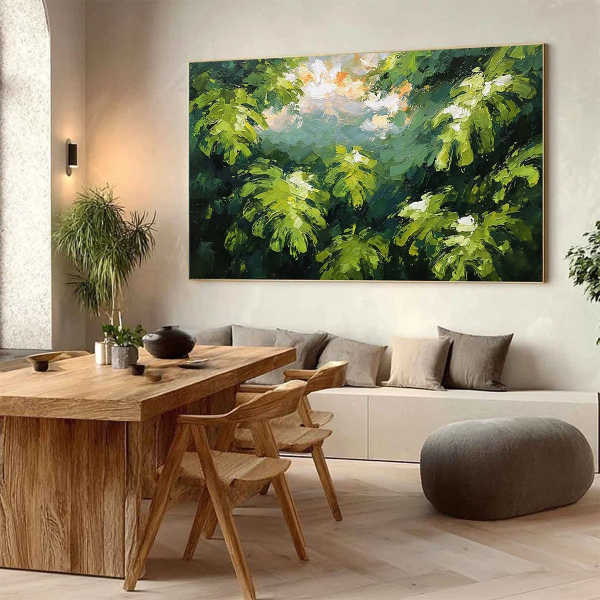 VERDANT SANCTUARY: Textured Impasto Painting of Sun-Kissed Jungle Leaves | Abstract mood, soft natural light studio shot
