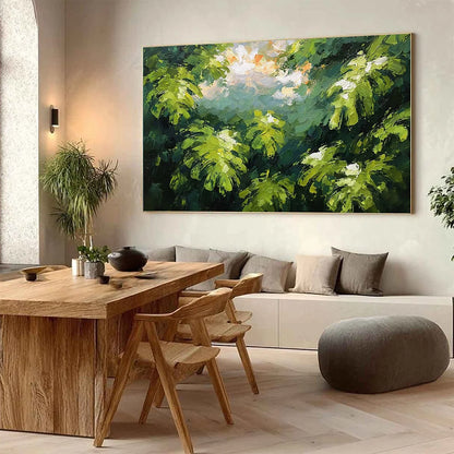 VERDANT SANCTUARY: Textured Impasto Painting of Sun-Kissed Jungle Leaves | Abstract mood, soft natural light studio shot